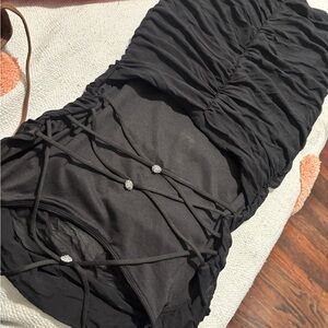 Oh Polly Black Ruched Bodycon Dress with Crystal Accent